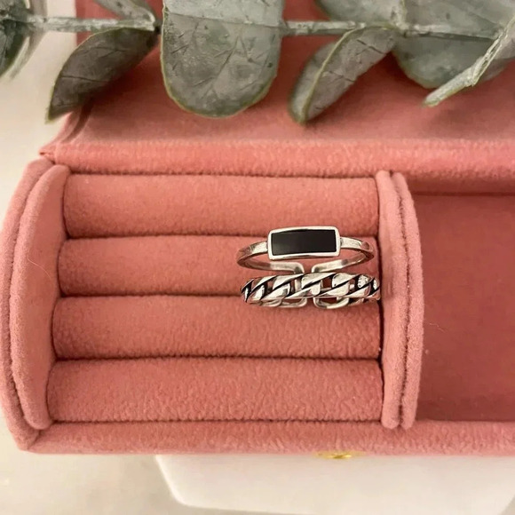 925 Sterling Silver Dainty Black Bar Ring Minimalist Stackable Ring Link Ring - Picture 4 of 7